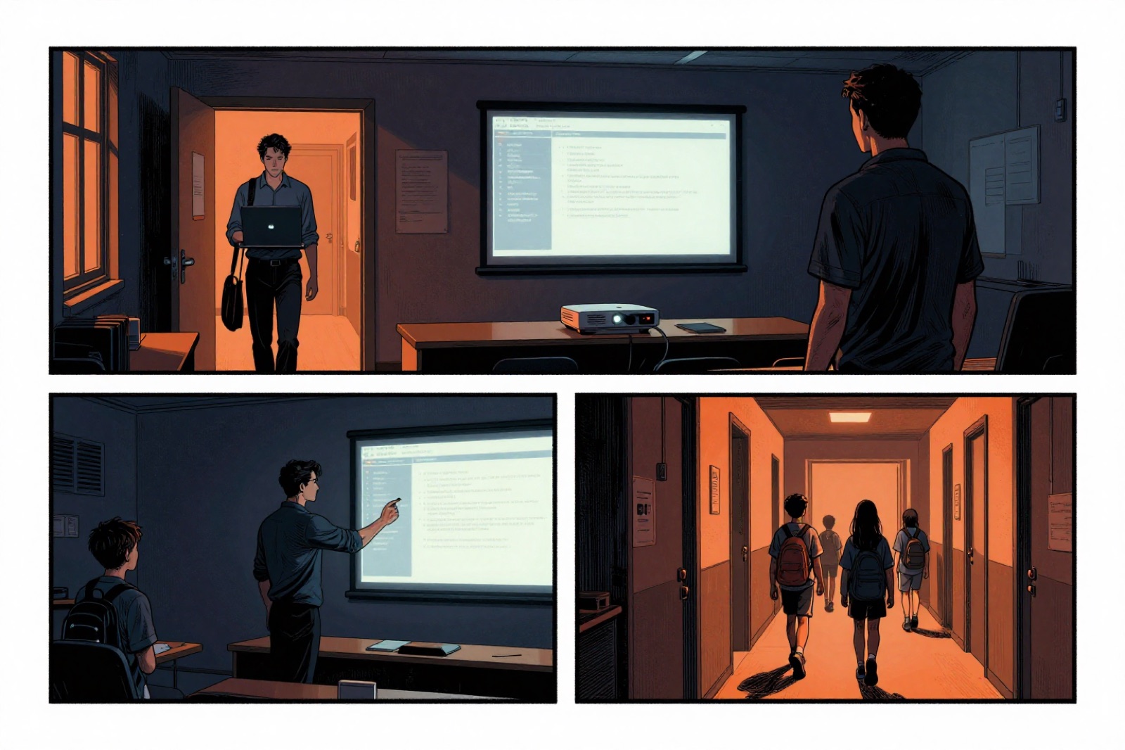 Ráno ve škole: technik s notebookem, rozsvícená tabule a žáci na chodbě v komiksových oknech